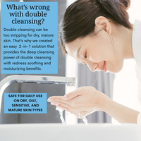 Woman washing hands with text about what is wrong with double cleansing