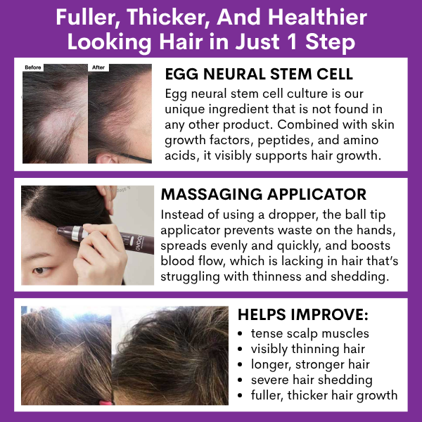 before and after comparison images after using the Ovaco Biorepair Scalp Ampoule and text about its key features