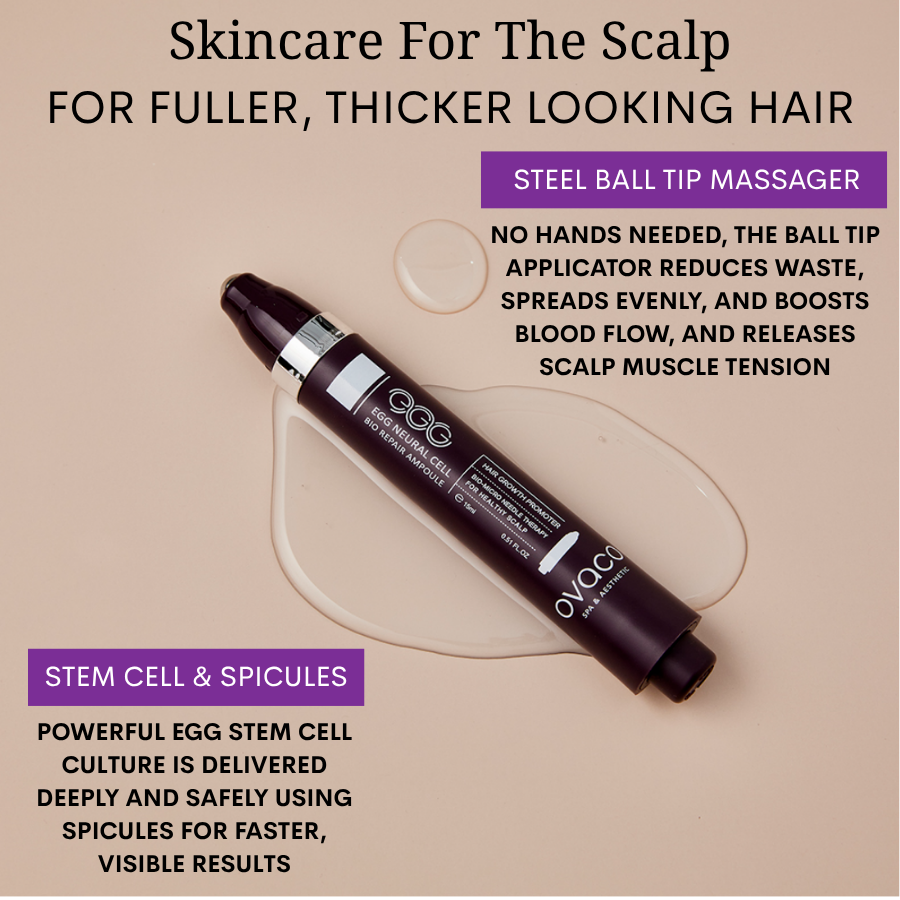 Ovaco Biorepair Scalp Ampoule pen with text about its key features on a beige background