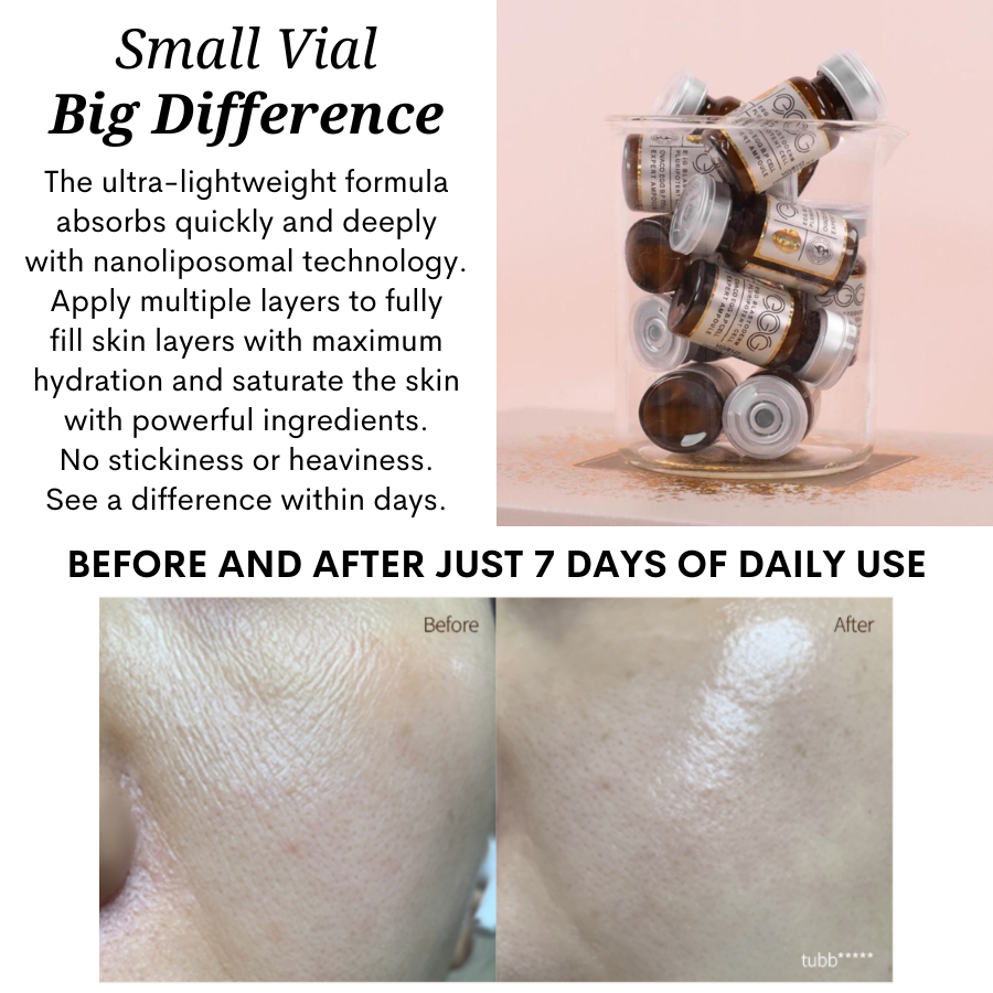 Ovaco Egg BP Cell Ampoules and a comparison image of a women's skin improved after 7 days of use