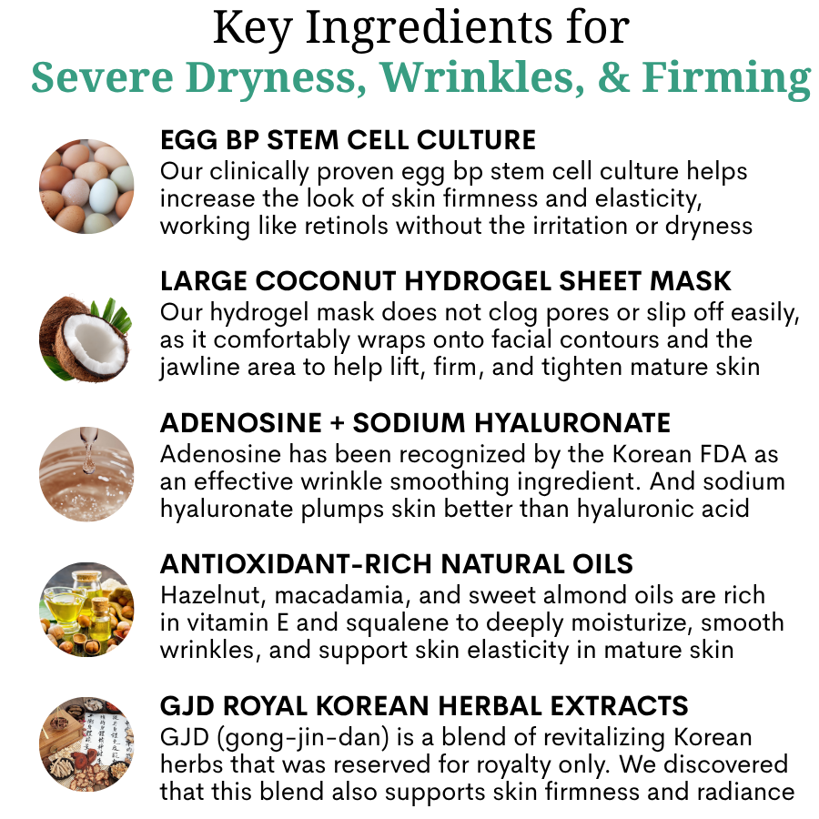 List of key ingredients of the Ovaco Egg Stem Cell Sheet Mask with corresponding images and descriptions.