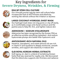 List of key ingredients of the Ovaco Egg Stem Cell Sheet Mask with corresponding images and descriptions.