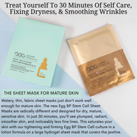 Ovaco Egg Stem Cell Sheet Mask packaging and a single mask with text on light blue background