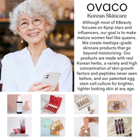 Mature Asian woman model for Ovaco Korean skincare and brand mission statement