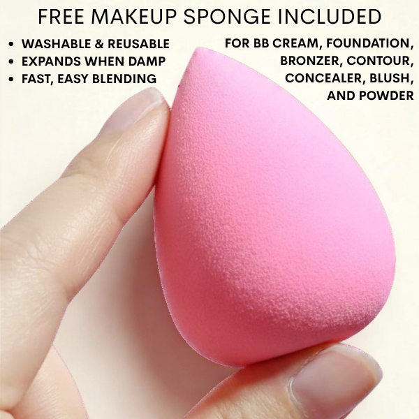 Pink latex free reusable makeup sponge  for the Ovaco Lenclos BB Cream is held by a hand with bulletpoint text