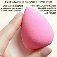 Pink latex free reusable makeup sponge  for the Ovaco Lenclos BB Cream is held by a hand with bulletpoint text