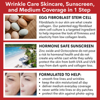 Wrinkle care, sunscreen, and medium coverage benefits and ingredients of the Ovaco Lenclos BB Cream with images and text on a red background
