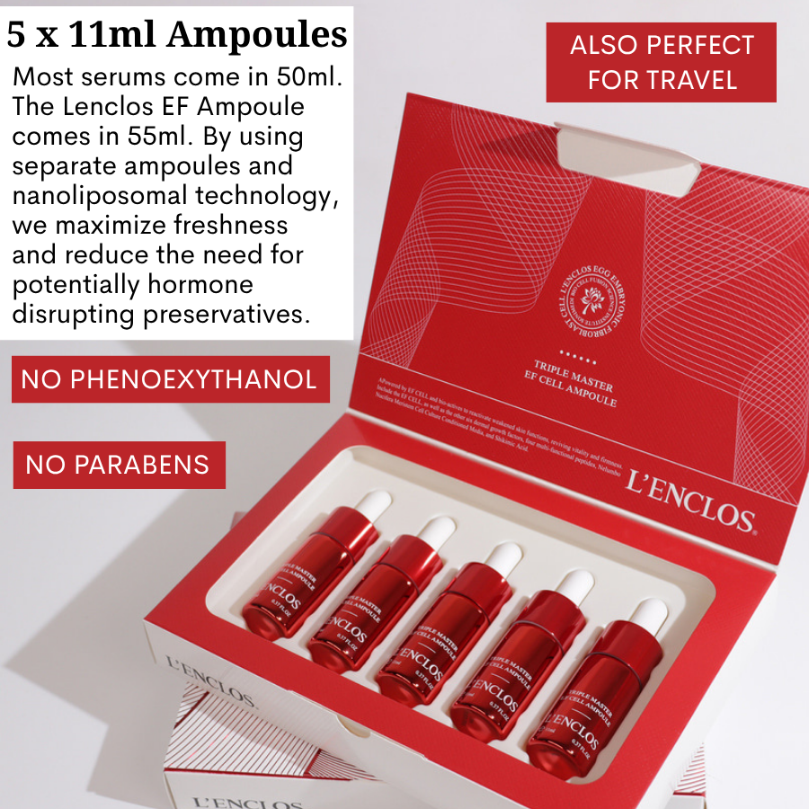 Ovaco Lenclos EF Ampoule packaging opened displaying its red ampoules and a text of how it is travel friendly and made without preservatives
