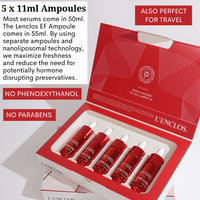 Ovaco Lenclos EF Ampoule packaging opened displaying its red ampoules and a text of how it is travel friendly and made without preservatives