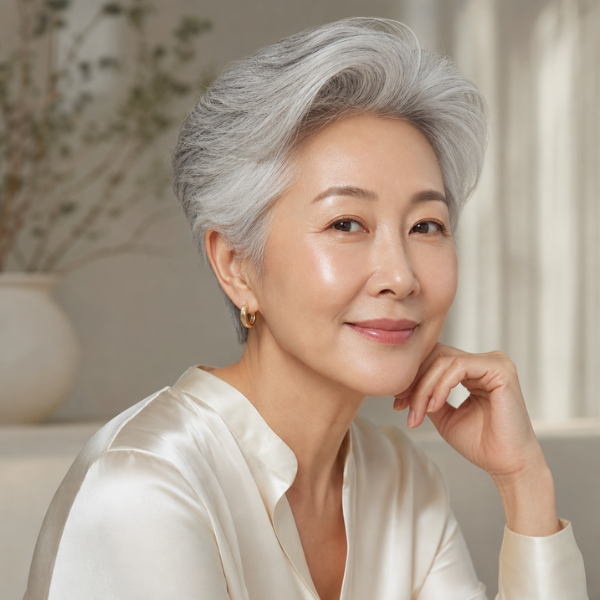 mature woman with silver hair and radiant skin in a silk beige blouse
