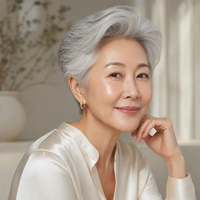mature woman with silver hair and radiant skin in a silk beige blouse